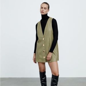 Zara Faux Leather Pinafore Dress Sage Green Gold Buttons with pockets